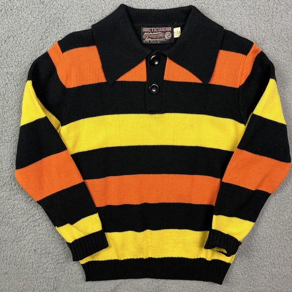 Arctic Wear Arctic Cat Vintage 80s Black Orange 1/4 Button Up Snowmobile Sweater - Picture 1 of 8